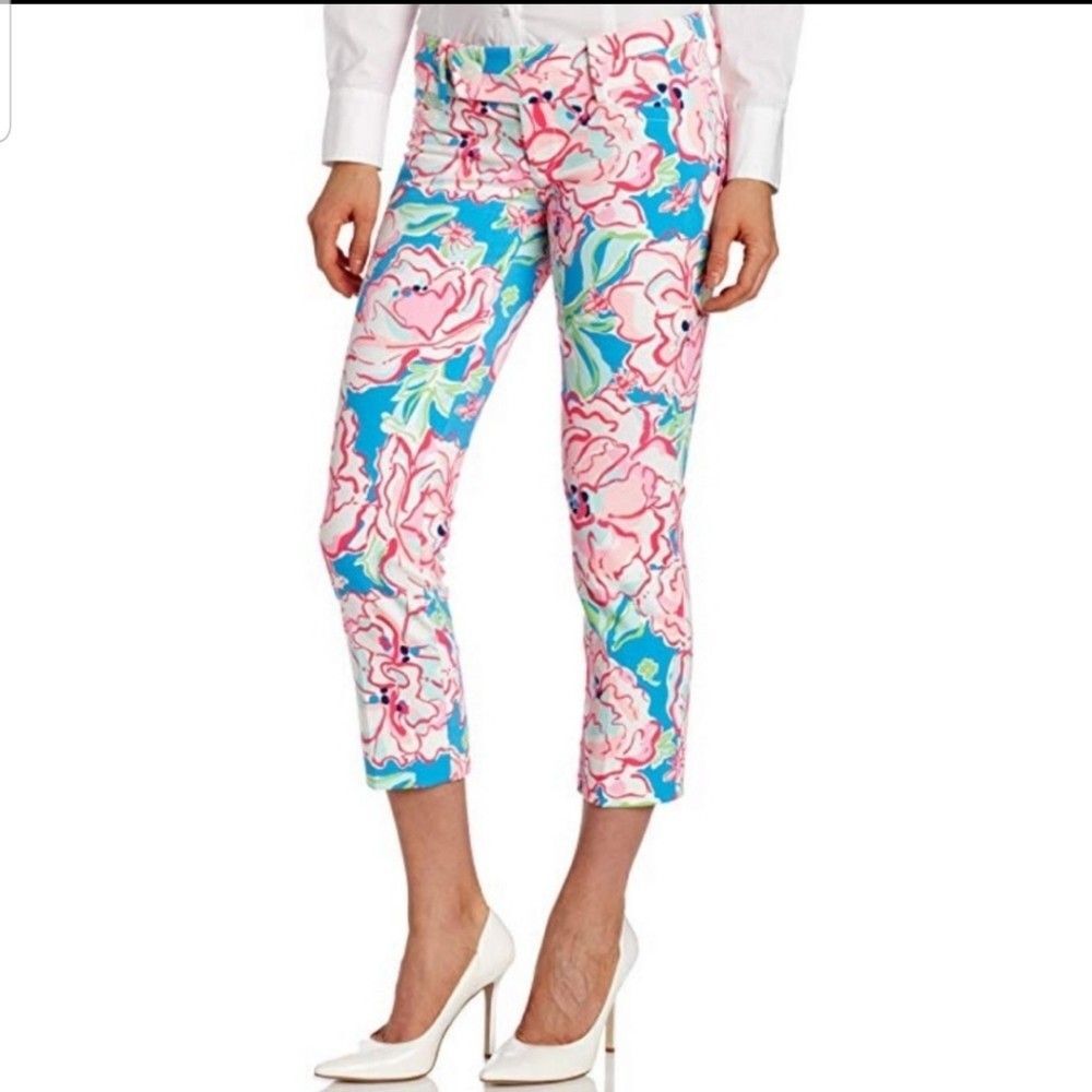 Lilly Pulitzer Flutter Blue Lucky Charm Floral Print Capri Pants Size 0